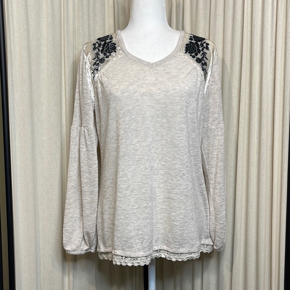 EUC - Beige / Grey Long Sleeve Top w/ Velvet Shoulder Details - L